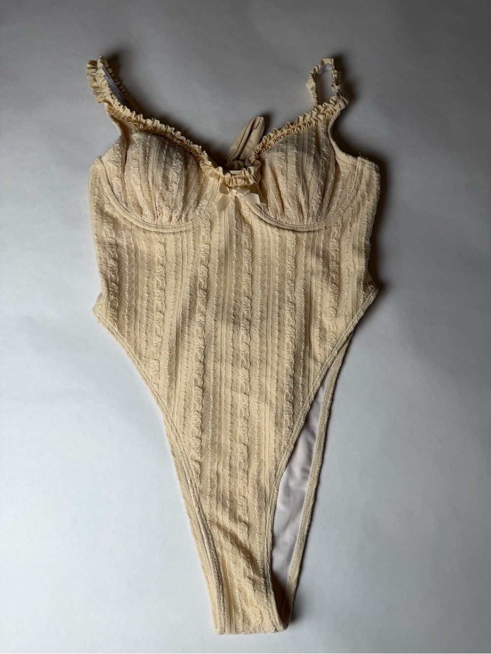 Cream Textured One-Piece Swimsuit with Ruffle Detail